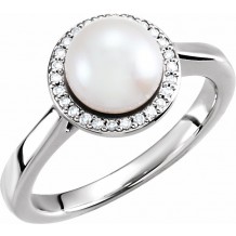 14K White Freshwater Cultured Pearl & .07 CTW Diamond Halo-Style Ring