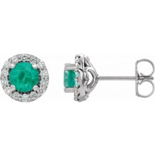 14K White 4 mm Round Emerald & 1/8 Diamond Earrings