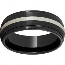 Black Diamond Ceramic Domed Grooved Edge Band with a 2mm Sterling Silver Inlay and Stone Finish