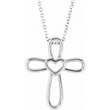 14K White Cross with Heart 16-18 Necklace