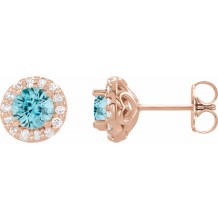 14K Rose 4 mm Round Blue Zircon & 1/8 Diamond Earrings