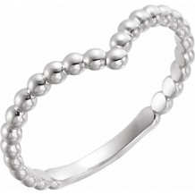 14K White Beaded V Ring