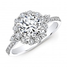 18k White Gold Single Prong Diamond Halo Engagement Ring with Side Stones