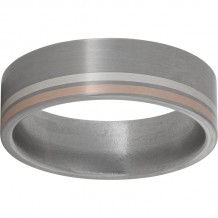 Titanium Flat Band with Off-Center Rose Gold and Sterling Silver Inlays and Satin Finish
