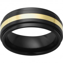 Black Diamond Ceramic Flat Band with Grooved Edges and 2mm 18k yellow gold Inlay
