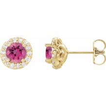 14K Yellow 4.5 mm Round Pink Tourmaline & 1/4 Diamond Earrings