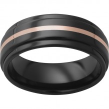 Black Diamond Ceramic Flat Band with Grooved Edges and a 1mm 14K Rose Gold Inlay