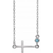 14K White Aquamarine Sideways Cross 16-18 Necklace