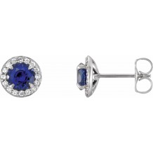 14K White 4.5 mm Round Blue Sapphire & 1/6 CTW Diamond Earrings