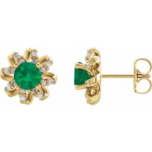 14K Yellow Emerald & 1/6 CTW Diamond Halo-Style Earrings