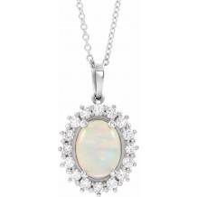 14K White Ethiopian Opal & 1/3 CTW Diamond Halo-Style 16-18 Necklace