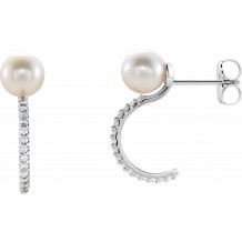 14K White Freshwater Cultured Pearl & 1/6 CTW Diamond Hoop Earrings