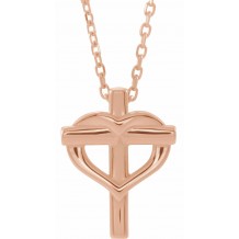 14K Rose Youth Cross with Heart 15 Necklace