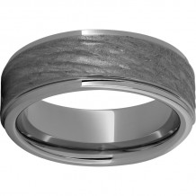 Rugged Tungsten  8mm Flat Grooved Edge Band with Bark Finish
