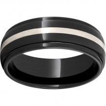 Black Diamond Ceramic Domed Band with Grooved Edges and Sterling Silver Inlay