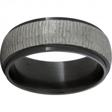 Black Zirconium Domed Band with Grooved Edges and Bark Finish