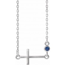 14K White Blue Sapphire Sideways Cross 16-18 Necklace