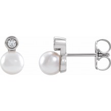 14K White Akoya Cultured Pearl & 1/8 CTW Diamond Bezel-Set Earrings