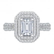 Shah Luxury 14K White Gold Split Shank Emerald Diamond Double Halo Engagement Ring (Semi-Mount)