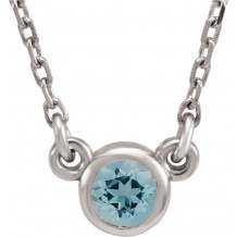 14K White 3 mm Round Aquamarine Bezel-Set Solitaire 16 Necklace