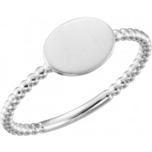 14K White Oval Engravable Beaded Ring