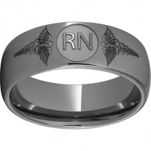 Rugged Tungsten  Domed Band with Laser Engraving of Caduceus & Registered Nurse Initials