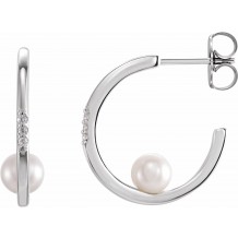 14K White Freshwater Cultured Pearl & .025 CTW Diamond Hoop Earrings