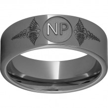 Rugged Tungsten  Pipe Cut Band with Laser Engraving of Caduceus & Nurse Practitioner Initials