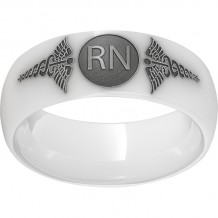 White Diamond Ceramic Domed Band with Laser Engraving of Caduceus & Registered Nurse Initials