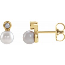 14K Yellow Akoya Cultured Pearl & .03 CTW Diamond Bezel-Set Earrings