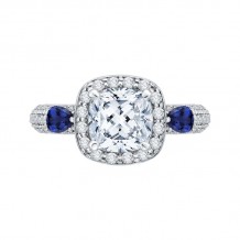 Shah Luxury 14K White Gold Cushion Cut Diamond Halo Engagement Ring with Sapphire (Semi-Mount)