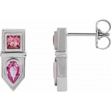 14K White Pink Multi-Gemstone Geometric Bar Drop Earrings