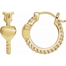 14K Yellow 14 mm Heart Rope Hoop Earrings