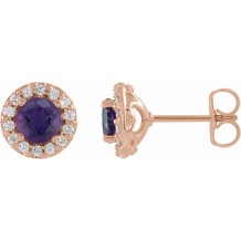 14K Rose 4 mm Round Amethyst & 1/8 Diamond Earrings