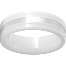 White Diamond CeramicFlat Ring with Rounded Edges and a 2mm Sterling Silver Inlay