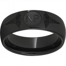 Black Diamond Ceramic Domed Band with Laser Engraving of Caduceus & Nurse Practitioner Initials