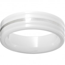 White Diamond CeramicFlat Ring with Rounded Edges and a 1mm Sterling Silver Inlay