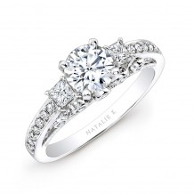 18k White Gold Pave Prong and Bezel Round Diamond Engagement Ring with Side Stones