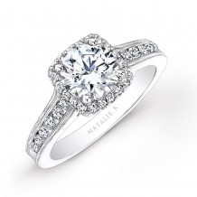 18k White Gold Pave Halo Diamond Engagement Ring with Milgrain