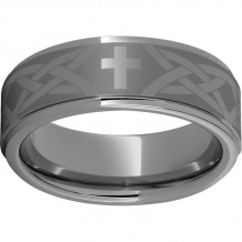 Rugged Tungsten  8mm Flat Grooved Edge Band with Cross Knot Laser Engraving