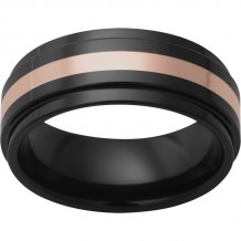 Black Diamond Ceramic Flat Band with Grooved Edges and a 2mm 14K Rose Gold Inlay