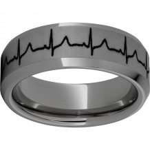 Rugged Tungsten  8mm Beveled Edge Band with Heartbeat Laser Engraving