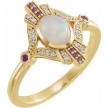 14K Yellow Cabochon Ethiopian Opal, Pink Sapphire & .06 CTW Diamond Ring