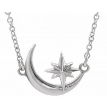 Platinum Crescent Moon & Star 16-18 Necklace