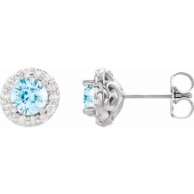 14K White 4 mm Round Aquamarine & 1/8 Diamond Earrings