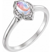 14K White Rainbow Moonstone & .03 CTW Diamond Clover Cabochon Ring