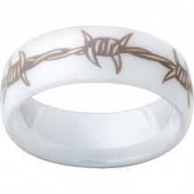 White Diamond CeramicDomed Ring with a Barbwire Laser Engraving