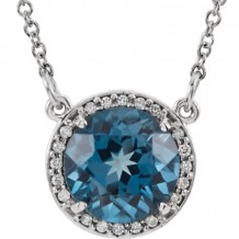 14K White 8 mm Round London Blue Topaz & .05 CTW Diamond 16 Necklace