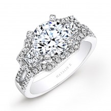 14k White Gold Split Shank White Diamond Engagement Ring with Trapezoid Side Stones