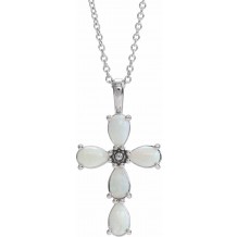 14K White Cabochon White Opal Cross 16-18 Necklace